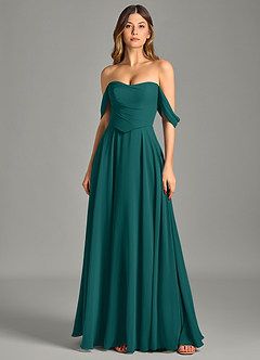 Azazie Chelsey Abiti da Damigella Abito Convertibile A-Line in Chiffon a Spalla Scoperta Verde Pavone image6