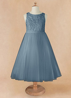 Azazie Calla Flower Girl Dresses Dusty Blue Ball-Gown Lace Tulle Dress image7