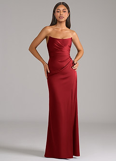 Azazie Marla Vestidos de damas de honor Vestido Escarlata de Satén Elástico de Corte Recto Convertible con Palabra de honor image1