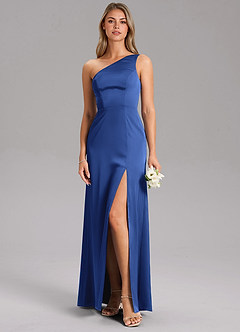 Azazie Feby Bridesmaid Dresses Royal Blue A-Line One Shoulder Stretch Satin Dress image3