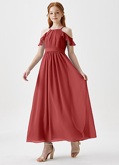 Azazie Chaya Junior Rust A-Line Off the Shoulder Chiffon Dress image5