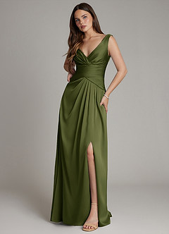 Azazie Pauline Bridesmaid Dresses Olive A-Line Pleated Stretch Satin Dress image5