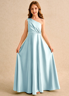 Azazie Puddles Girls Formal Flower Girl Dresses Sea Glass A-Line One Shoulder Matte Satin Dress image5