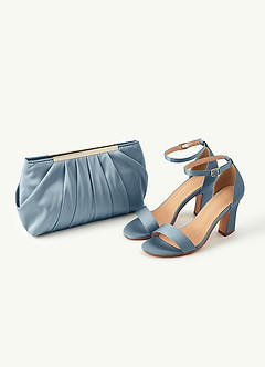 front Ensemble de sandales à talons compensés en satin stretch et pochette plissée assorties