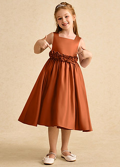 Azazie Peaches Flower Girl Dresses Burnt Orange A-Line Bow Matte Satin Dress image4