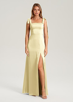 Azazie Frostine Bridesmaid Dresses Lemon Sorbet A-Line Bow Stretch Satin Dress image5