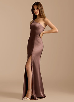 Azazie Trina At-home Try On Dresses Auburn A-Line One Shoulder Metallic Satin Dress image5