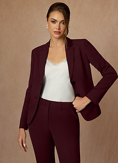 front Whitney Cabernet Structured Stretch Full Length Pants Suit