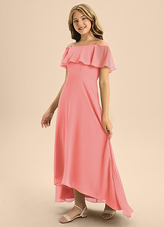 Azazie Maggie Junior Coral A-Line Off the Shoulder Chiffon Dress image4
