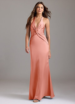 Azazie Valerie Bridesmaid Dresses Coral Mermaid Pleated Stretch Satin Dress image3