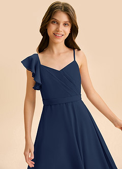 Azazie Kelsea Junior Vestido de Azul Marino Oscuro de Gasa de Corte en A con Volante image7