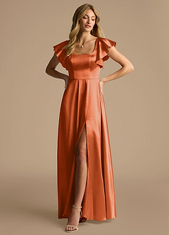 Azazie Bondi Vestidos de damas de honor Vestido de Naranja Quemada de Satén Metálico de Corte en A con Lazo image4