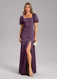 Azazie Fyona Bridesmaid Dresses Plum A-Line Pleated Stretch Satin Dress image9
