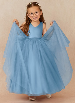 Azazie Marybell vestidos de niña de las flores Vestido de Azul Acero de Tul de Corte En A con Lazo image3