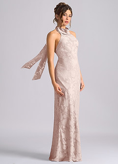 Azazie Velli Vestidos de damas de honor Vestido de Rosa Rubor de Devorado Floral de Corte Sirena con Cuello Alto image4