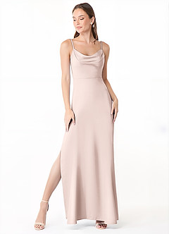 Azazie Alaija Robes de demoiselle d'honneur Robe Sirène en Satin extensible Fente Latérale Rose Pâle image2
