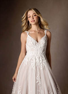Azazie Delaina Vestidos de novia Vestido de Blanco Diamante Cocoa de Tul de Corte en A con Lentejuelas cuello pico image9