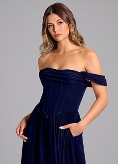 Azazie Hattie Bridesmaid Dresses Dark Navy A-Line Ruched Velvet Dress image2