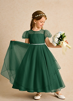 Azazie Duckie Flower Girl Dresses Dark Green Ball-Gown Pleated Tulle Dress image3