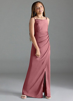 Azazie Leonis Junior Desert Rose A-Line Pleated Stretch Satin Dress image3