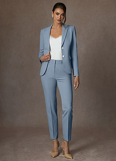 front Whitney Dusty Blue Structured Stretch Full Length Pants Suit
