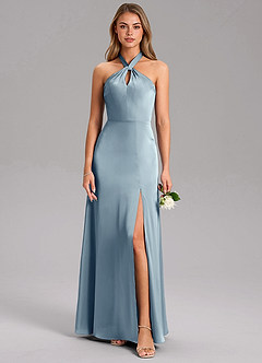 Azazie Tracie Bridesmaid Dresses Dusty Blue A-Line Side Slit Stretch Satin Dress image3