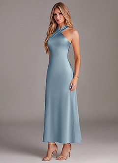 Azazie Doretta 신부 들러리 드레스 인어 주름진 스트레치 새틴 발목 길이 드레스 image4