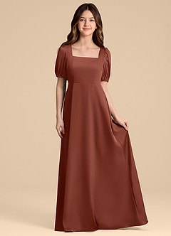 Azazie Briar Junior Vestido de Castaño de Satén Elástico de Corte en A con Lazo image4