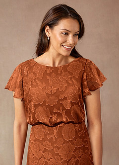 Azazie Lehi vestidos de madre de la novia Vestido de Naranja Quemada de Devorado Floral de Corte en A con Cuello de barco image6