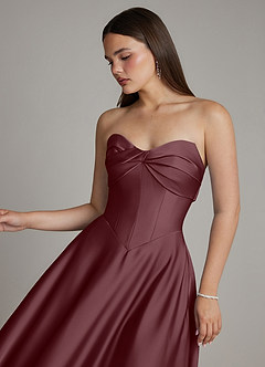 Azazie Meleena Bridesmaid Dresses Sangria A-Line Strapless Stretch Satin Dress image4