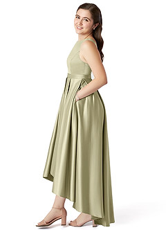 Azazie Inaya Junior Pistachio A-Line with Belt Stretch Satin Dress image3