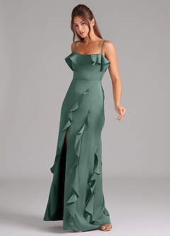 Azazie Malia Bridesmaid Dresses Eucalyptus A-Line Side Slit Stretch Satin Dress image4