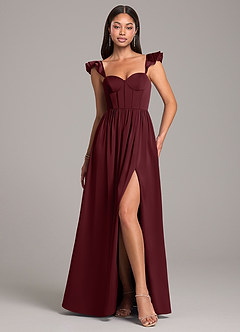 Azazie Denisse Robes de demoiselle d'honneur Robe Trapèze en Satin extensible Rayé Cabernet image1