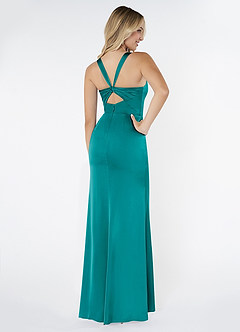Azazie Mero Bridesmaid Dresses Teal Sheath Pleated Stretch Satin Dress image3