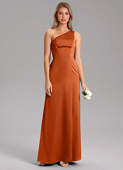 Azazie Feby Vestidos de damas de honor Vestido de Naranja Quemada de Satén Elástico de Corte en A con Hombro unilateral image7