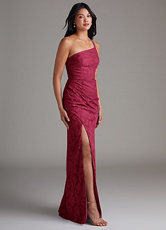 Azazie Eren Bridesmaid Dresses Burgundy Sheath One Shoulder Floral Burnout Dress image3