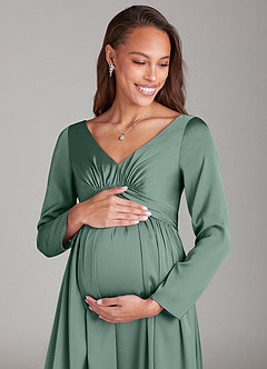 Azazie Teton Final Sale A-Line Long Sleeve Stretch Satin Floor-Length Dress image2