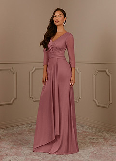 Azazie Annetta Mère de la mariée Robes Robe Trapèze en Maille Col en V à manches longues Rose Du Désert image5