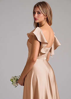 Azazie Leilani Vestidos de damas de honor Vestido de Rosa Inglesa de Satén Elástico de Corte en A con Volante image9