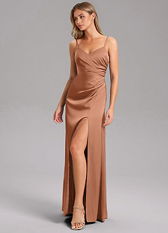 Azazie Azuree Bridesmaid Dresses Bronzer A-Line Pleated Stretch Satin Dress image5