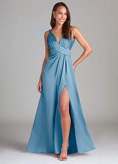 Azazie Maren Allure Abiti da Damigella Abito A-Line in Raso Elasticizzato Pizzo Blu Acciaio image1