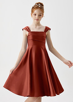 Azazie Amira Junior Terracotta A-Line Pleated Stretch Satin Dress image3