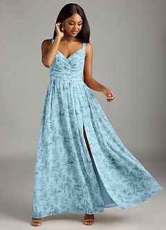 Azazie Chanel Bridesmaid Dresses Blue Fern Floral A-Line Pleated Chiffon Dress image3