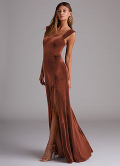 Azazie Junia Robes de demoiselle d'honneur Robe Fourreau Convertible en velours Épaule décolletée Terracotta image5