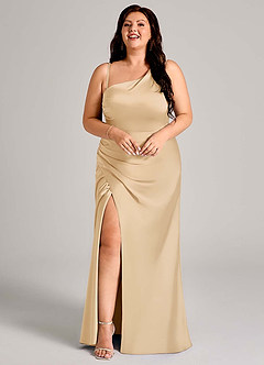 Azazie Madelyn Bridesmaid Dresses Gold Mermaid One Shoulder Stretch Satin Convertible Dress image15