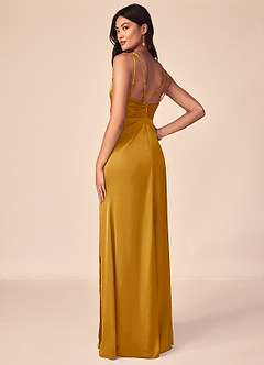 Azazie Aqua Bridesmaid Dresses Butterscotch A-Line V-Neck Pleated Stretch Satin Dress image2