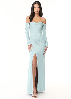 Azazie Hallie Bridesmaid Dresses Sea Glass Sheath Off-The-Shoulder Long Sleeve Stretch Satin Convertible Dress image3