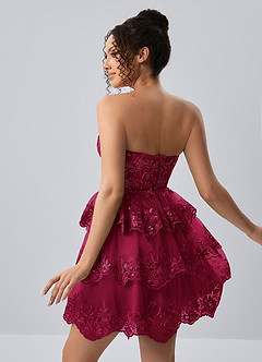 Liaorde Burgund Minikleid aus Spitze, Pailletten, Stickerei, Rüschen, A-Linie, Korsett image2