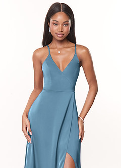 Azazie Maksim Bridesmaid Dresses Steel Blue A-Line V-Neck Stretch Satin Dress image5