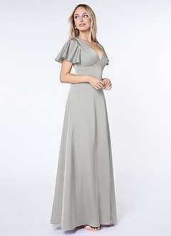 Azazie Lani Bridesmaid Dresses Silver A-Line Flounce Sleeve Stretch Satin Dress image4